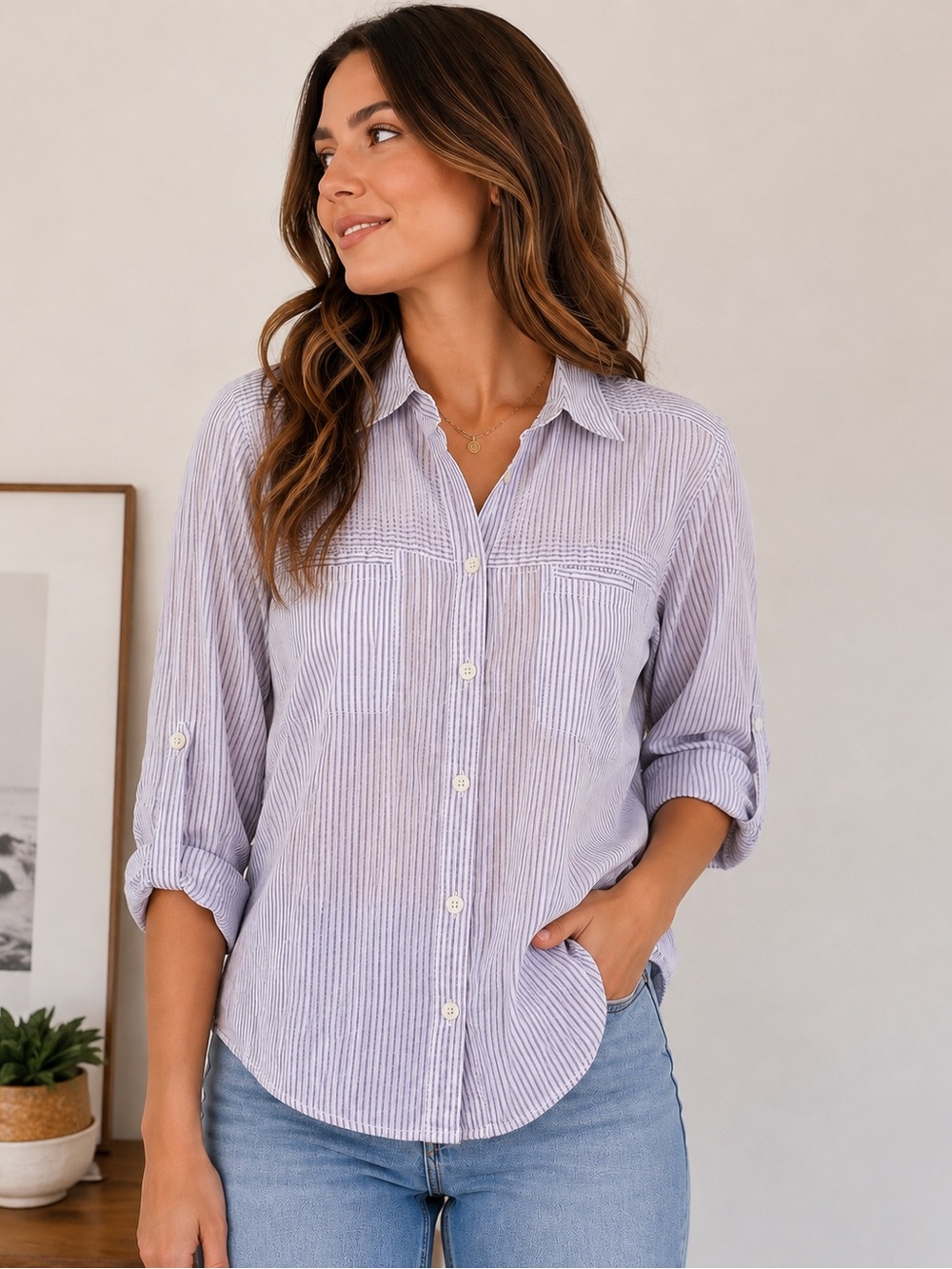 Laura Scott Women’s 16/18W Purple White Striped Button Down Roll Tab Shirt
